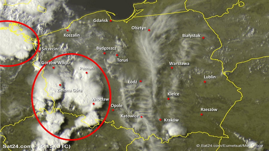 Zdjęcie satelitarne Polski w dniu 15 czerwca 2019 o godzinie 17:15. Dane: Sat24.com / Eumetsat.