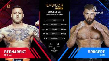 Dwaj mężczyźni stoją obok siebie, gotowi do walki. Po lewej stronie Michał Bednarski, po prawej Liam Brugere. Pomiędzy nimi wyświetlane są statystyki walki, w tym waga i wzrost.