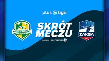 Logotypy Aluron CMC Warta Zawiercie i ZAKSA Kędzierzyn-Koźle oraz napis "SKR&Oacute;T MECZU" na tle nawiązującym do PlusLigi.