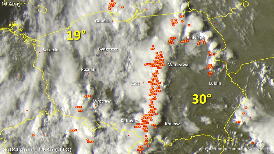 Zdjęcie satelitarne Polski w dniu 24 sierpnia 2018 o godzinie 16:45. Dane: Sat24.com / Eumetsat.