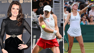 Kolaż trzech zdjęć: po lewej prezenterka telewizyjna w czarnej sukni, pośrodku tenisistka Iga Świątek, po prawej tenisistka Magda Linette podczas meczu.