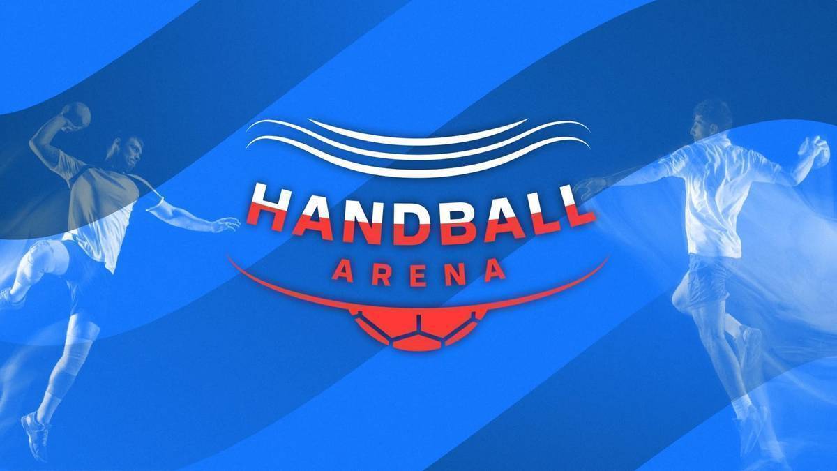 Grafika promująca program "Handball Arena" z sylwetkami zawodnik&oacute;w piłki ręcznej na niebieskim tle z logo programu.