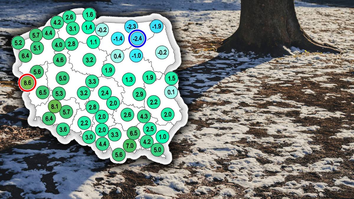 Mapa Polski z zaznaczonymi temperaturami, wskazująca na cieplejszą pogodę na zachodzie kraju.