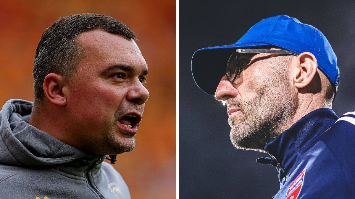 Dwa zbliżenia na twarze trenerów piłkarskich w formie kolażu. Po lewej stronie mężczyzna w szarej bluzie z kapturem, z otwartymi ustami, mówiący. Po prawej stronie mężczyzna w niebieskiej czapce z daszkiem i okularach przeciwsłonecznych, patrzący w bok, z zarostem.