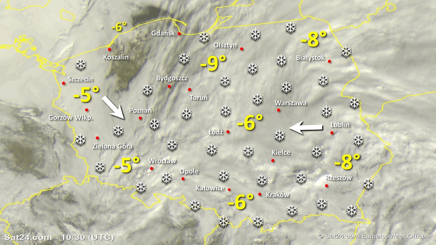 Zdjęcie satelitarne Polski w dniu 25 stycznia 2019 o godzinie 11:35. Dane: Sat24.com / Eumetsat.