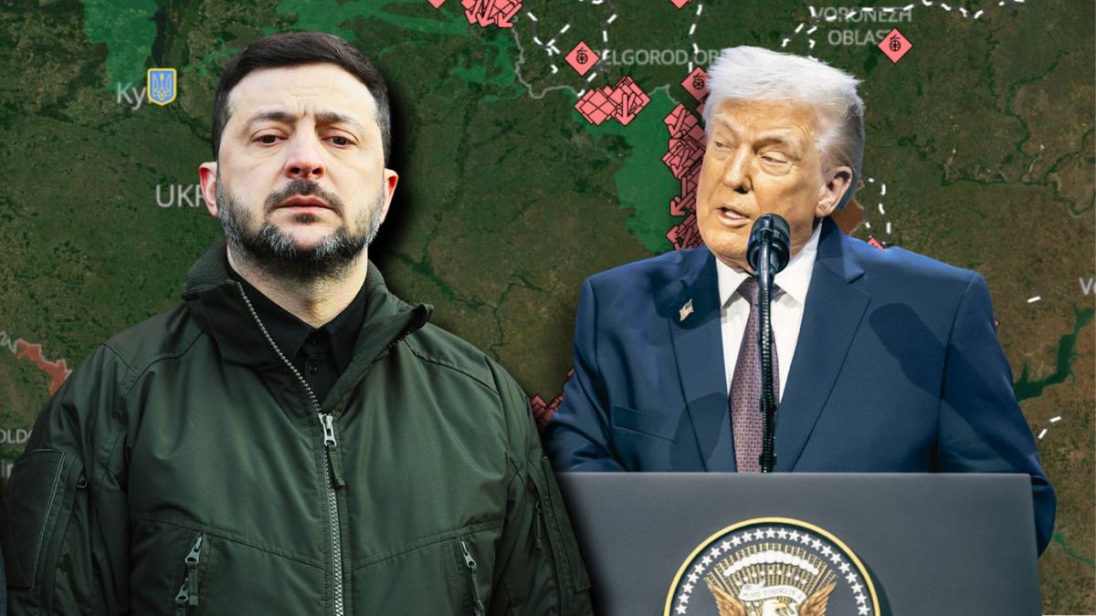 Prezydent Ukrainy Wołodymyr Zełenski i były prezydent USA Donald Trump na tle mapy.