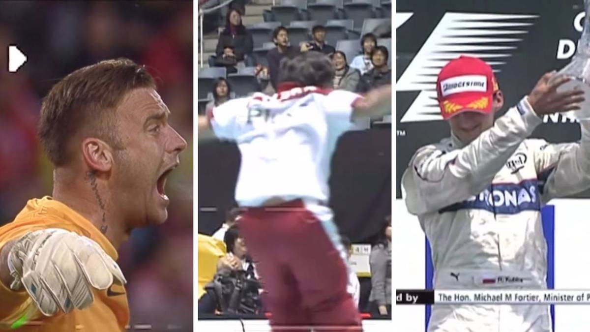 Fragmenty wideo przedstawiające sukcesy polskich sportowców: piłkarza krzyczącego z radości, siatkarza wykonującego akcję i kierowcę Formuły 1 celebrującego zwycięstwo.