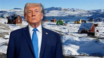 Donald Trump na tle zimowego krajobrazu Grenlandii z małymi domkami.