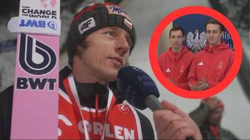 Dawid Kubacki udziela wywiadu, w tle widoczni Kacper Tomasiak i Paweł Wąski.