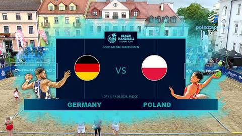 Ekran informacyjny z finału mężczyzn w piłce ręcznej plażowej: Niemcy vs Polska. Widoczne flagi obu kraj&oacute;w i sylwetki zawodnik&oacute;w.