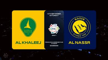Grafika zapowiadająca mecz piłkarski pomiędzy drużynami Al-Khaleej i Al-Nassr, z ich herbami na ż&oacute;łtym i niebieskim tle oraz informacjami o rozgrywkach.