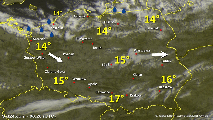 Zdjęcie satelitarne Polski w dniu 3 lipca 2019 o godzinie 8:20. Dane: Sat24.com / Eumetsat.