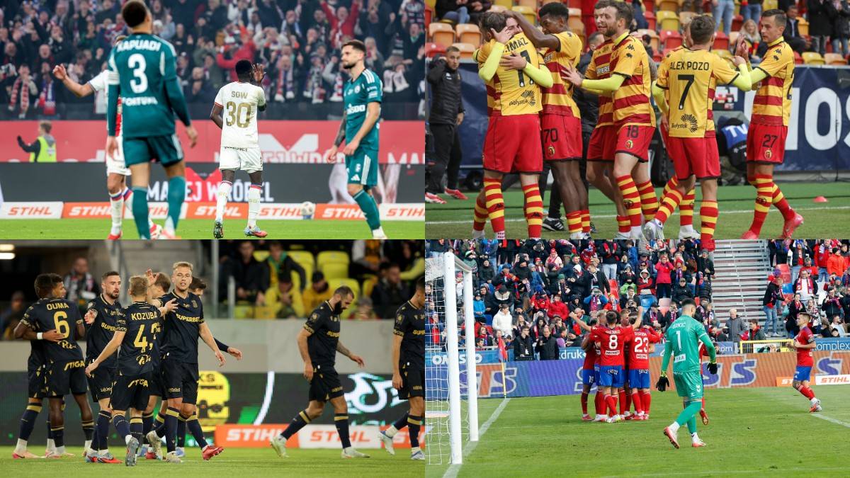 Kolaż zdjęć przedstawiający mecze piłki nożnej z udziałem drużyn grających w Lidze Konferencji. Na górze po lewej stronie zawodnicy w zielonych strojach, po prawej drużyna w żółtych strojach świętuje bramkę. Na dole po lewej czarni gracze walczą o piłkę, po prawej czerwono-zielona drużyna strzela bramkę.