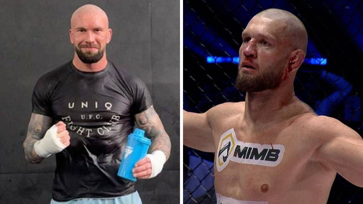 Dwie części obrazka przedstawiające zawodników MMA. Po lewej stronie mężczyzna w czarnej koszulce z napisami i opaskami na rękach, trzymający niebieski bidon. Po prawej stronie mężczyzna bez koszulki, ze znakami na klatce piersiowej, wyrażający skupienie.