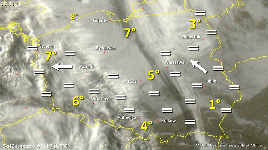 Zdjęcie satelitarne Polski w dniu 9 listopada 2018 o godzinie 8:15. Dane: Sat24.com / Eumetsat.