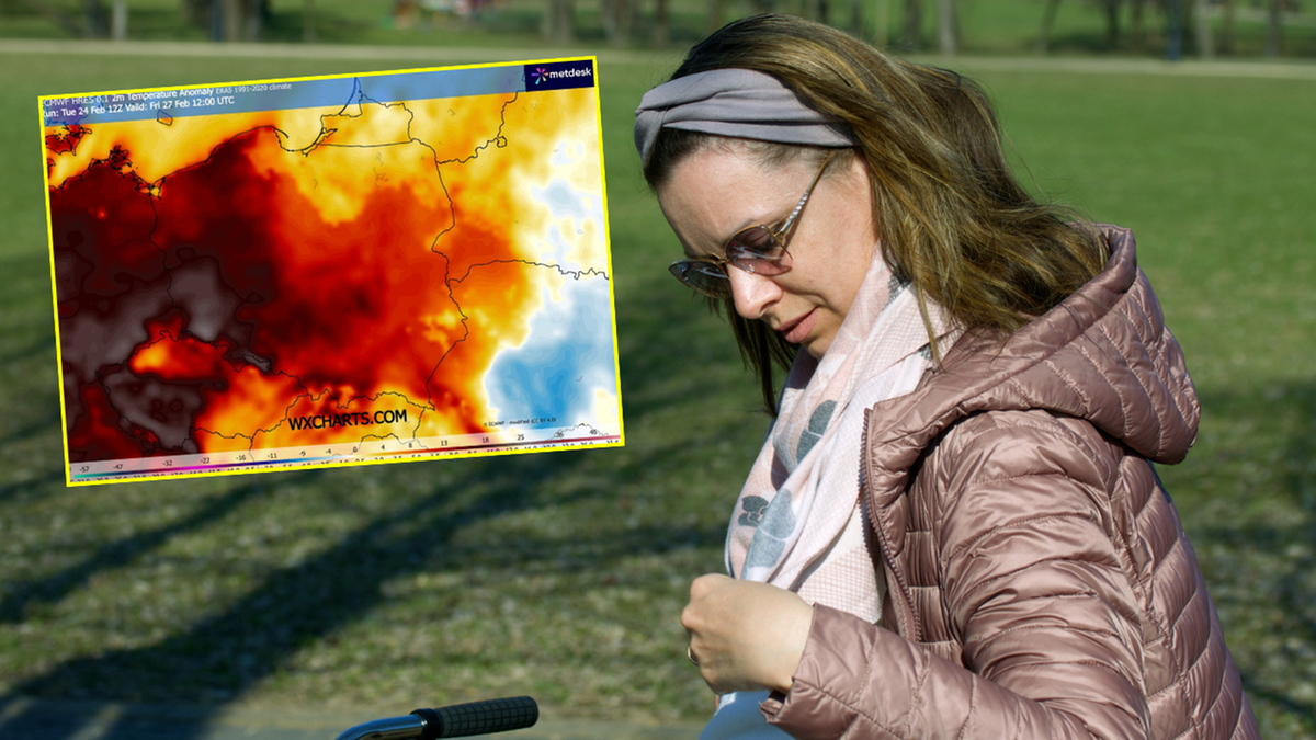 Mapa anomalii temperatury wskazująca na wysokie wartości na zachodzie Polski.