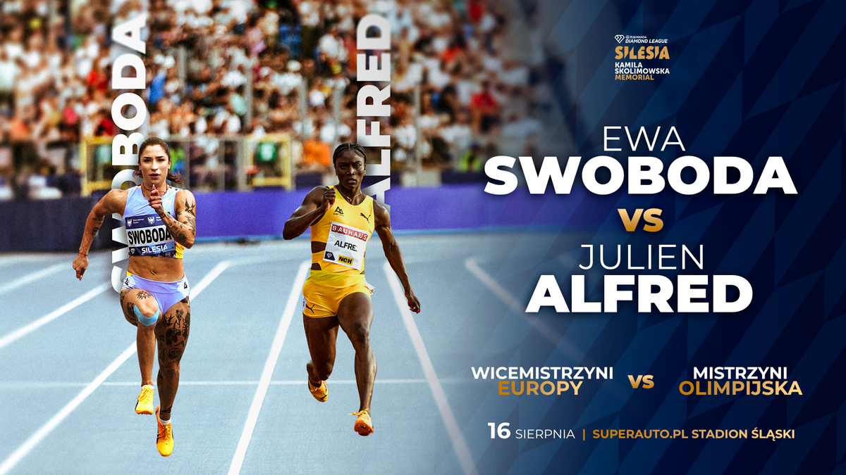 Dwie sprinterki Ewa Swoboda i Julien Alfred biegną obok siebie na bieżni lekkoatletycznej. Ewa Swoboda jest po lewej stronie, Julien Alfred po prawej.