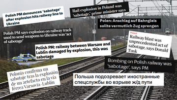 Uszkodzone tory kolejowe z policyjnymi pojazdami w tle, ilustrujące akt sabotażu.