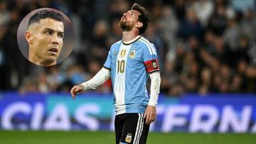 Lionel Messi w koszulce Argentyny patrzy w g&oacute;rę, w tle rozmyty stadion, a w lewym rogu miniatura z twarzą Cristiano Ronaldo.