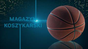 Piłka do koszykówki na ciemnym tle z neonowymi liniami i napisem "MAGAZYN KOSZYKARSKI".