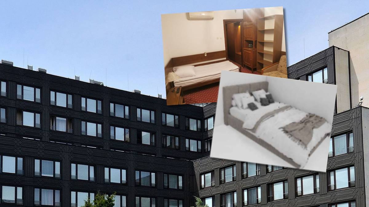 Przedstawienie nowoczesnych wnętrz pokojów hotelowych z łóżkiem i meblami oraz fragment budynku sejmowego.