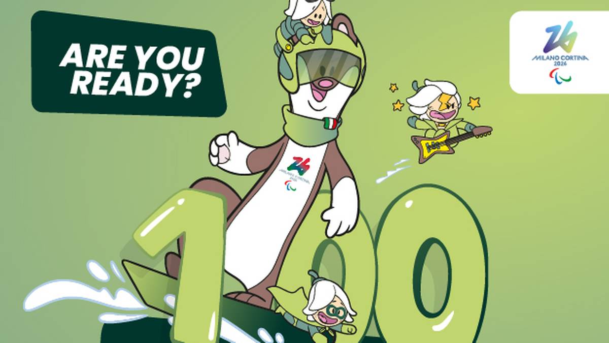 Ilustracja z maskotkami igrzysk olimpijskich Mediolan-Cortina 2026, z napisem "100 DAYS TO GO!".