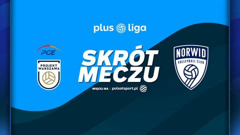 Grafika z napisem "SKR&Oacute;T MECZU" i logotypami drużyn PGE Projekt Warszawa i Norwid Częstochowa, informująca o transmisji meczu Plus Ligi.