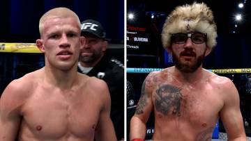 Dwaj zawodnicy MMA, jeden z kr&oacute;tkimi blond włosami, drugi z brodą i futrzaną czapką.