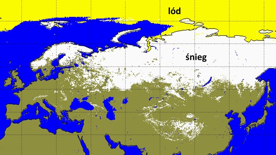 Aktualny zasięg pokrywy lodowej i śnieżnej w Eurazji. Dane: NOAA.