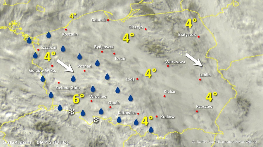 Zdjęcie satelitarne Polski w dniu 25 grudnia 2019 o godzinie 10:45. Dane: Sat24.com / Eumetsat.