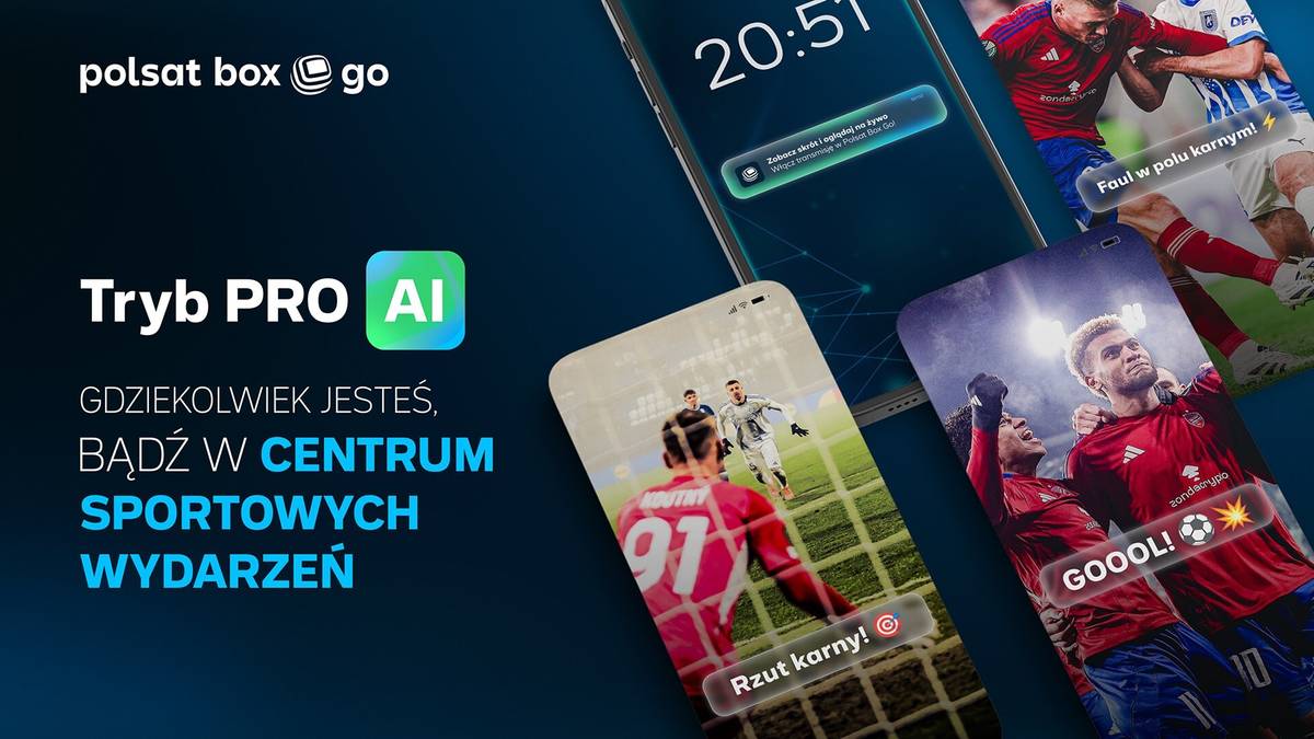 Ilustracja przedstawia ekrany smartfon&oacute;w z interfejsem Tryb PRO AI w Polsat Box Go, oferującym skr&oacute;ty i powiadomienia z wydarzeń sportowych.