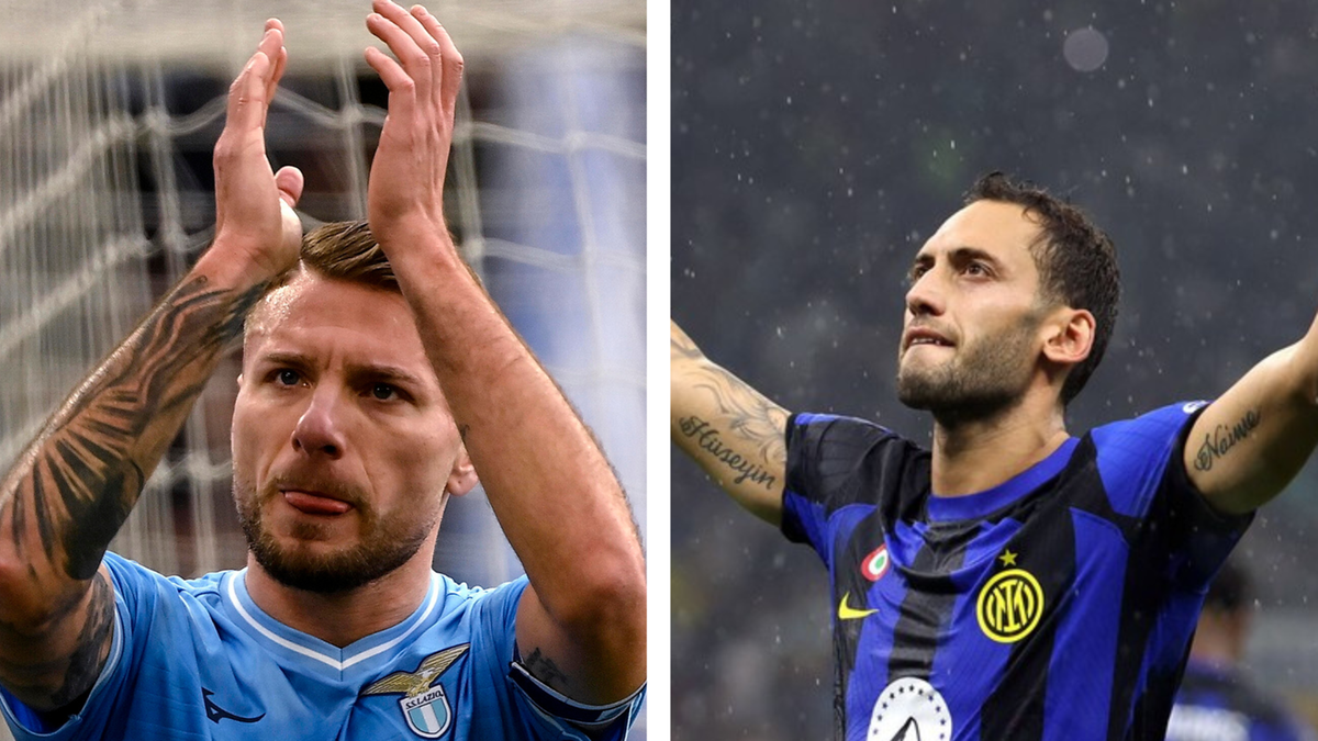 Dw&oacute;ch piłkarzy, jeden w jasnoniebieskiej koszulce Lazio, drugi w ciemnej koszulce Interu Mediolan, celebrujący po meczu.