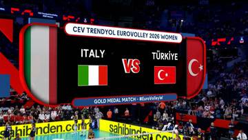 Grafika ekranowa z zapowiedzią meczu finałowego CEV EuroVolley 2026 kobiet pomiędzy reprezentacjami Włoch i Turcji.