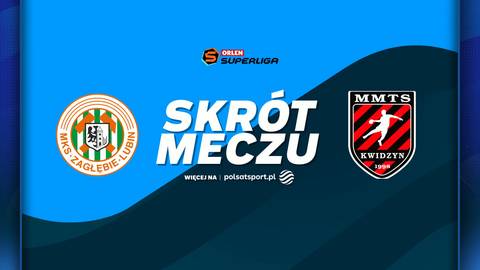 Logo Zagłębia Lubin po lewej stronie, napis "SKR&Oacute;T MECZU" pośrodku, logo MMTS Kwidzyn po prawej stronie. Grafika informuje o skr&oacute;cie meczu pomiędzy Zagłębiem Lubin a MMTS Kwidzyn.