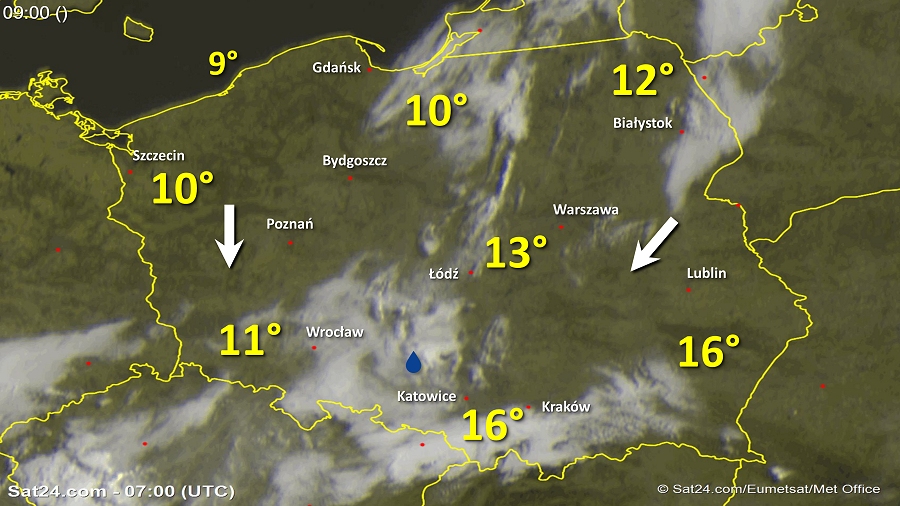 Zdjęcie satelitarne Polski w dniu 4 maja 2018 o godzinie 9:00. Dane: Sat24.com / Eumetsat.