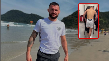 Cezary Oleksiejczuk, zawodnik MMA, stoi na plaży, w prawym górnym rogu widoczny w ramce jego wizerunek z kulami po walce.