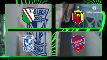 Logotypy klub&oacute;w piłkarskich: Lech Poznań, KKS Lech Poznań, Jagiellonia Białystok i Rak&oacute;w Częstochowa, prezentowane w ramach podsumowania polskich klub&oacute;w w europejskich rozgrywkach w 2025 roku.