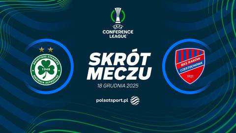 Grafika zapowiadająca skrót meczu Omonia Nikozja - Raków Częstochowa w Lidze Konferencji Europy. Na grafice widnieją loga obu drużyn oraz napis "SKRÓT MECZU".