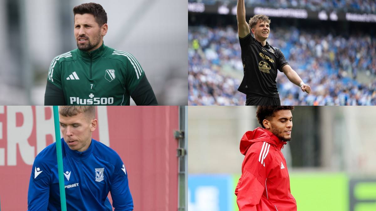 Cztery fragmenty zdjęć przedstawiające polskich piłkarzy i trenera.