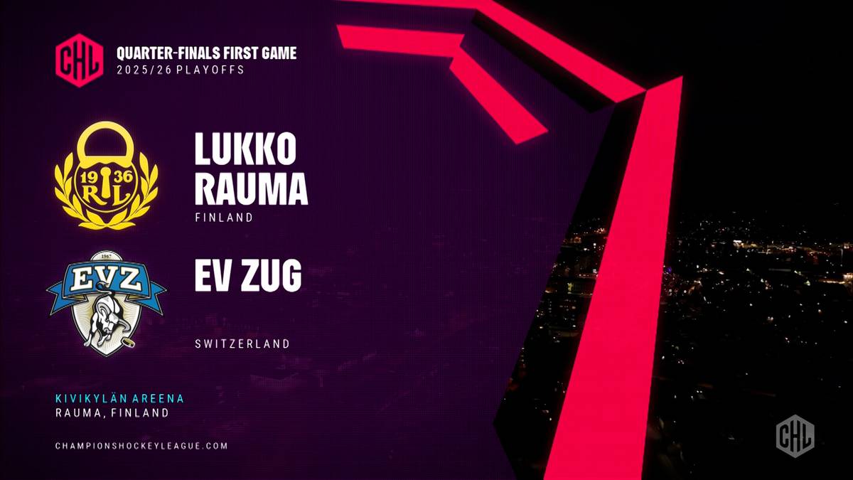 Logotypy drużyn hokejowych Lukko Rauma (Finlandia) i EV Zug (Szwajcaria) z nazwami zespołów, informacją o ćwierćfinale Ligi Mistrzów sezonu 2023/2024 oraz miejscem rozgrywania meczu - KIVIARENA, RAUMA, FINLAND.