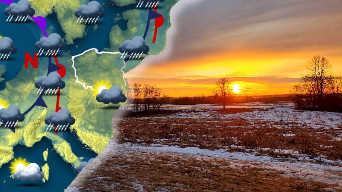 Mapa synoptyczna z ikonami deszczu i chmur nałożona na zdjęcie zachodzącego słońca nad zaśnieżonym polem.