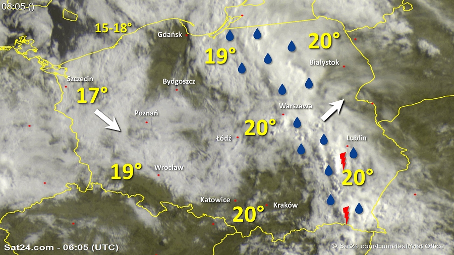 Zdjęcie satelitarne Polski w dniu 11 czerwca 2018 o godzinie 8:05. Dane: Sat24.com / Eumetsat.