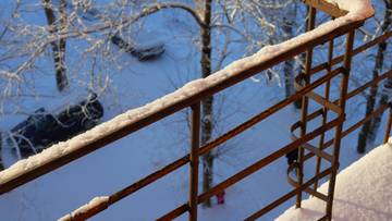 Zimowy widok na balkon pokryty śniegiem i ośnieżone drzewa w tle.