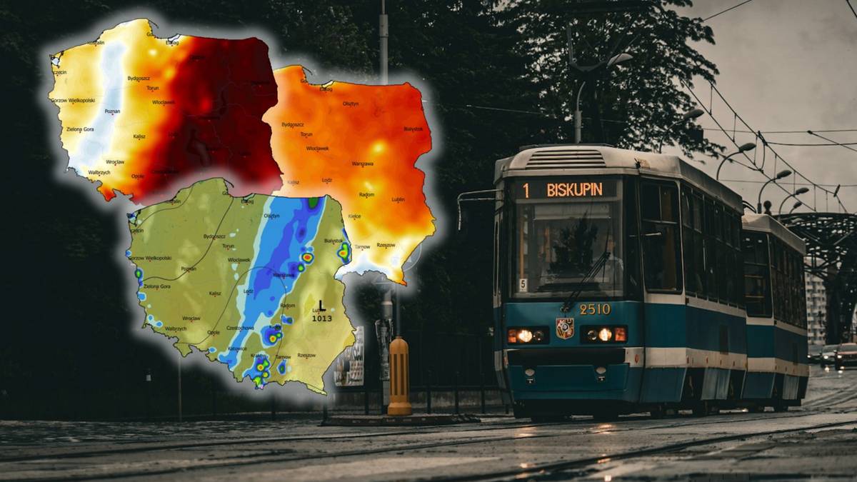Mapa Polski z zaznaczonymi strefami temperatur oraz zdjęcie tramwaju na mokrej ulicy.