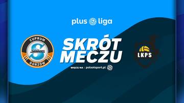 Grafika z napisem "SKRÓT MECZU" oraz logotypami drużyn siatkarskich Cuprum Stilon Gorzów i Bogdanka LUK Lublin, a także logiem Plus Ligi.