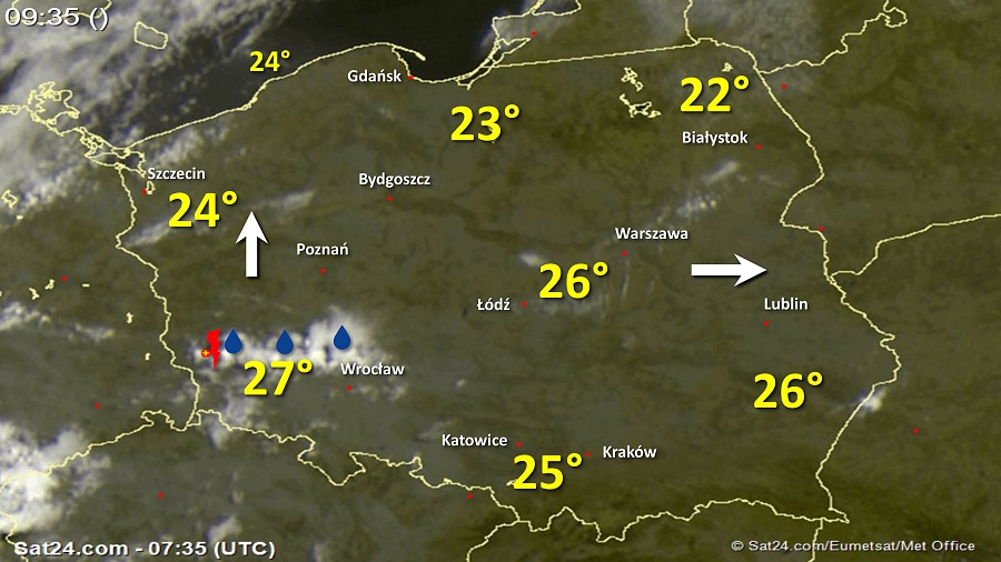 Zdjęcie satelitarne Polski w dniu 4 sierpnia 2018 o godzinie 9:35. Dane: Sat24.com / Eumetsat.