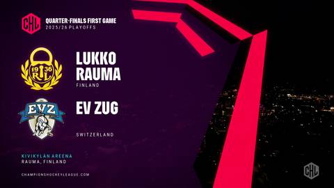 Logotypy drużyn hokejowych Lukko Rauma (Finlandia) i EV Zug (Szwajcaria) z nazwami zespołów, informacją o ćwierćfinale Ligi Mistrzów sezonu 2023/2024 oraz miejscem rozgrywania meczu - KIVIARENA, RAUMA, FINLAND.