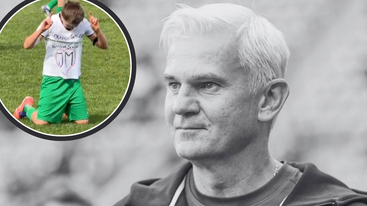 Portret Jacka Magiery i jego syna klęczącego na boisku.