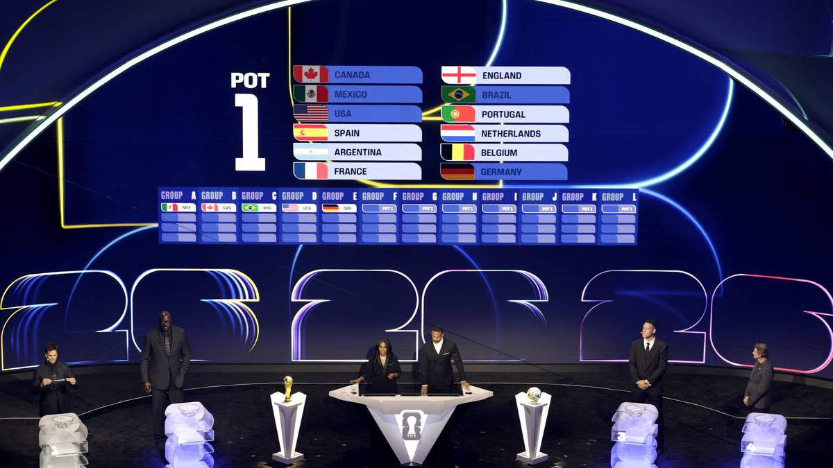 Scena z ceremonią losowania grup Mistrzostw Świata 2026, widoczne ekrany z nazwami państw i flagami oraz osoby prowadzące losowanie.