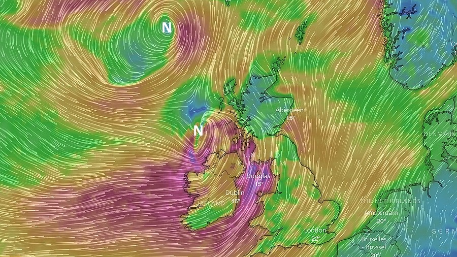 Rozkład ciśnienia atmosferycznego z oznaczonymi ośrodkami niżowymi. Fot. Windy.com